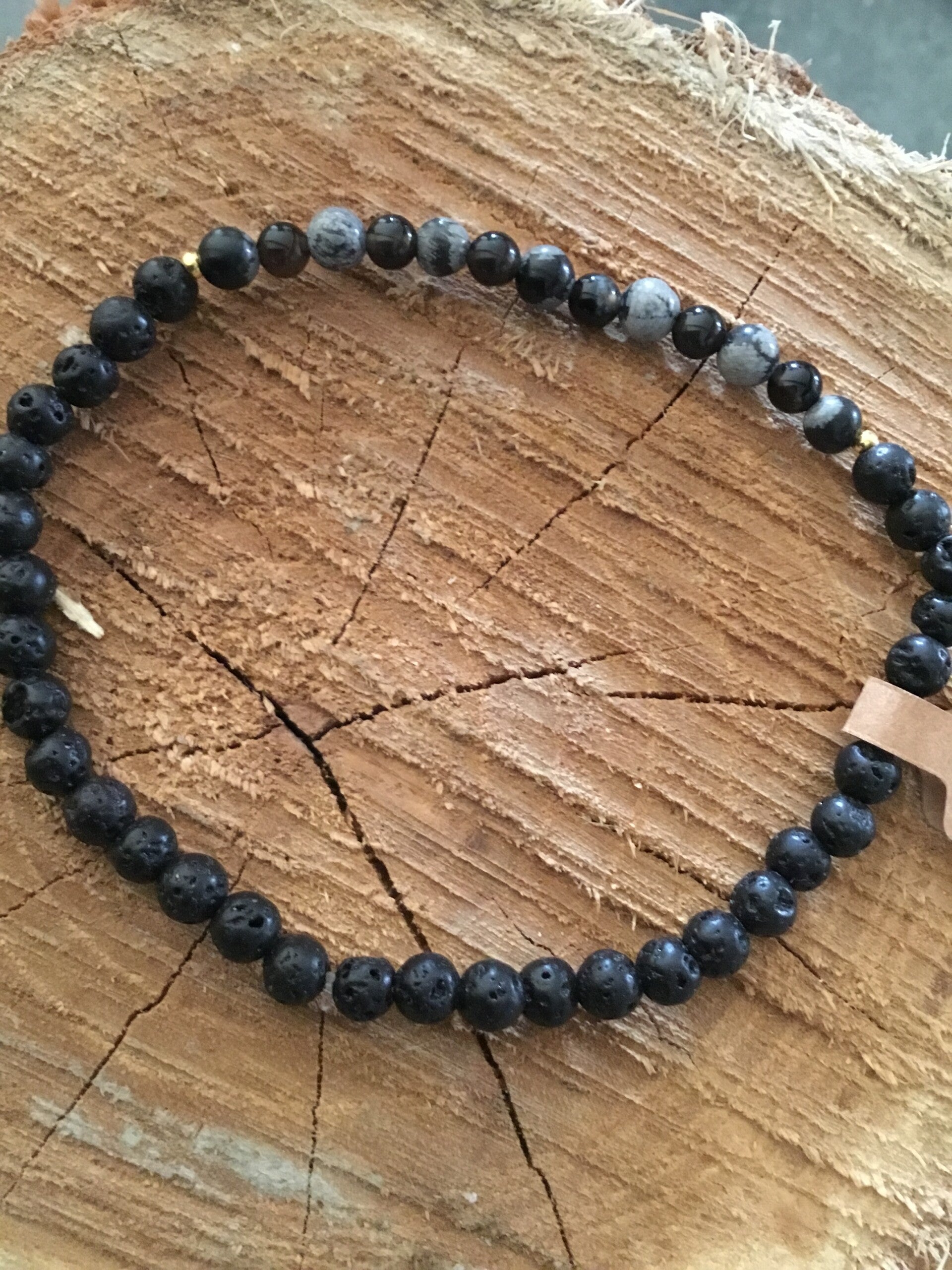 Bracelet boule onyx noire obsidienne flocon de neige et pierre de lave