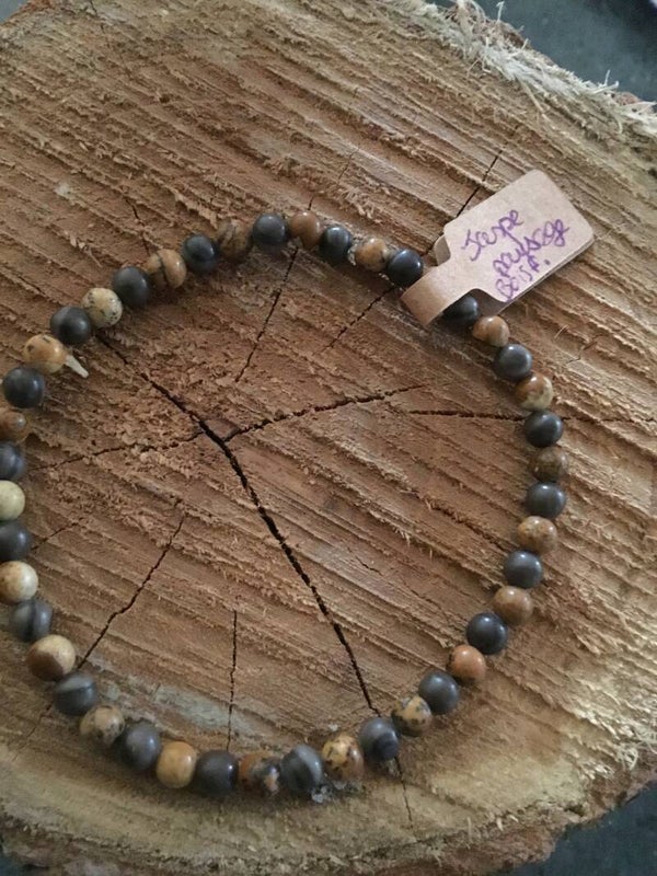 Bracelet boule jaspe paysage et bois fossile