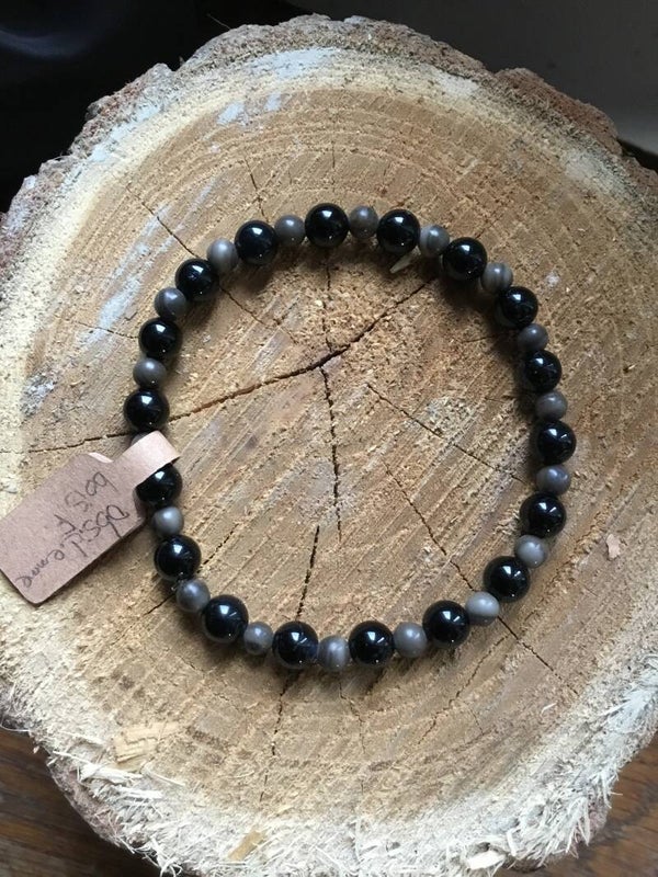 Bracelet boule obsidienne et bois fossile