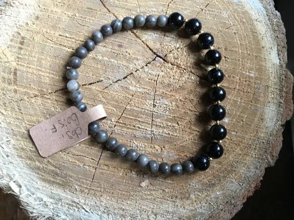 Bracelet boule obsidienne noire et bois fossile