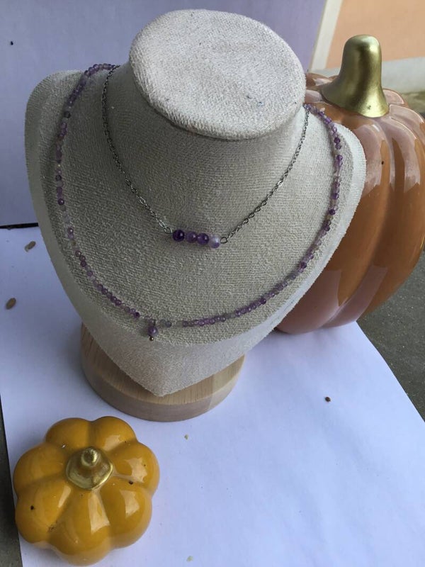 Parure de Collier Améthyste perle facettées et améthyste rubanée