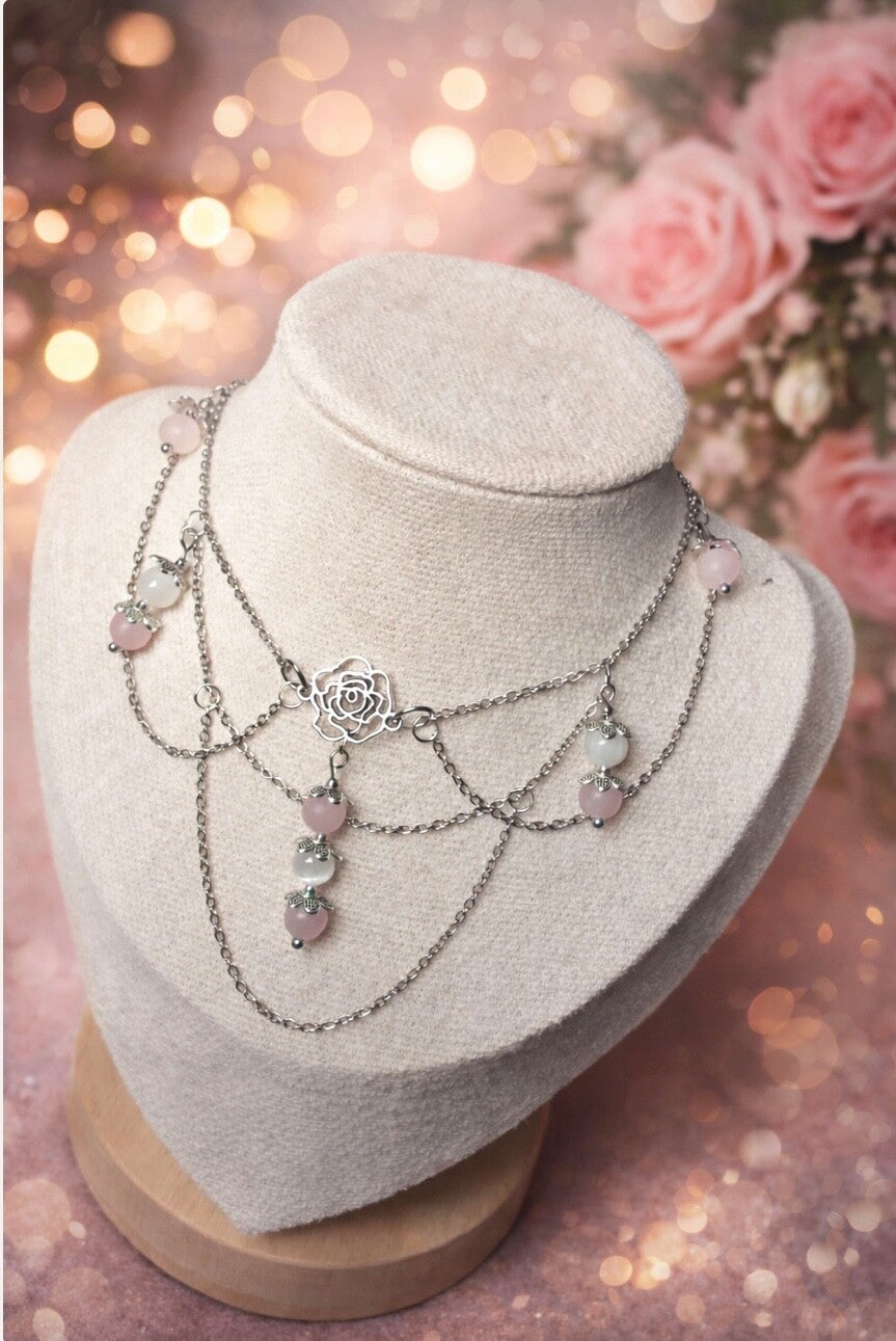 🌷 Collier : ras-de-cou Éclat de rose Quartz rose et Sélénite 🌷