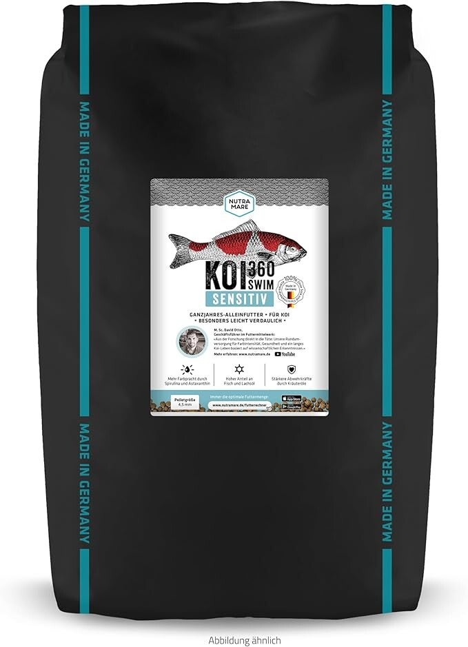 Koi360 Sensitiv Swim 10kg | Hochwertiges Koifutter für Sensible Koi, mit gesundheitsförderndem Kräuteröl und Aktivton