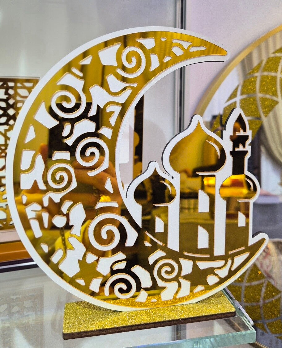 Décoration Lune Dorée Blanc Ramadan en Acrylique