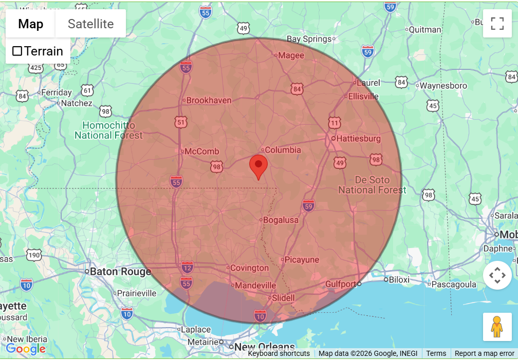Google map of Mississippi & Louisiana showing the primary service area for Daniel Boone's Water Well Service. 