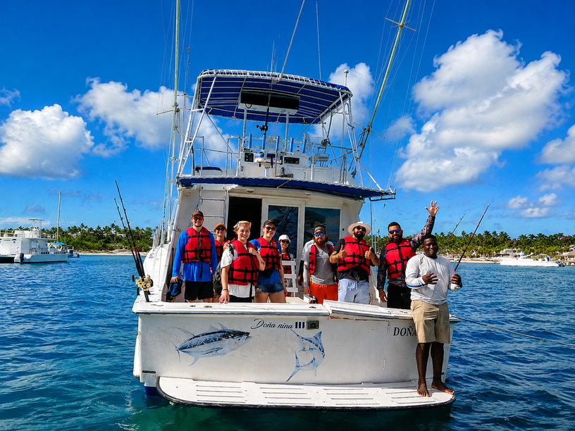 Fishing boat and local crew in Punta Cana, Dominican Republic