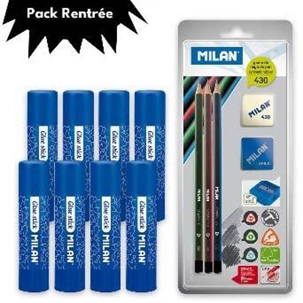 Pack rentrée MILAN : Set papeterie + 8 bâtons de colle