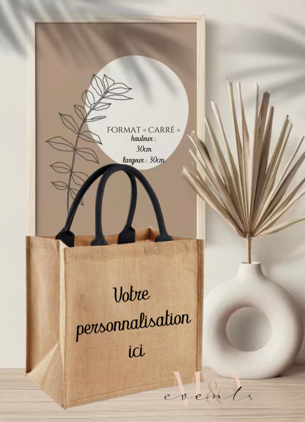 Cabas toile de jute CARRÉ - anses noires ou beiges