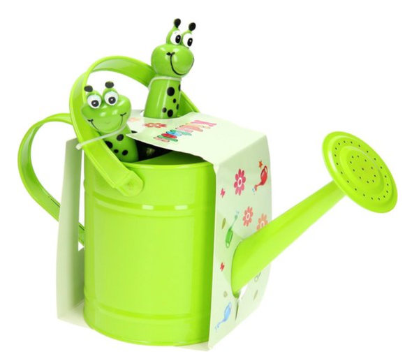 Kindergieter metaal met harkje en schepje, Groene of Roze set