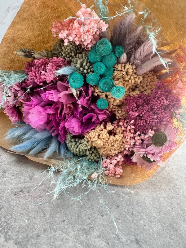 Bouquet seco redondo rosa/celeste
