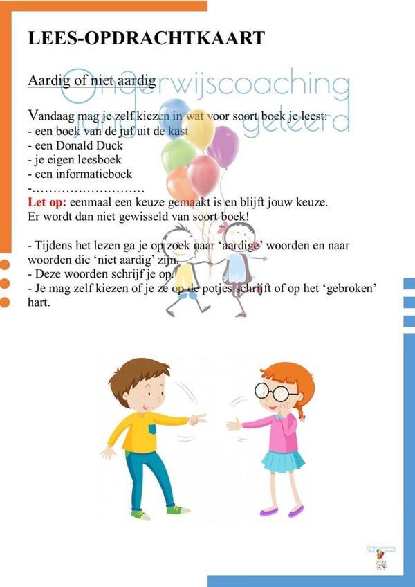 Leesopdrachtkaart - aardig of niet aardig