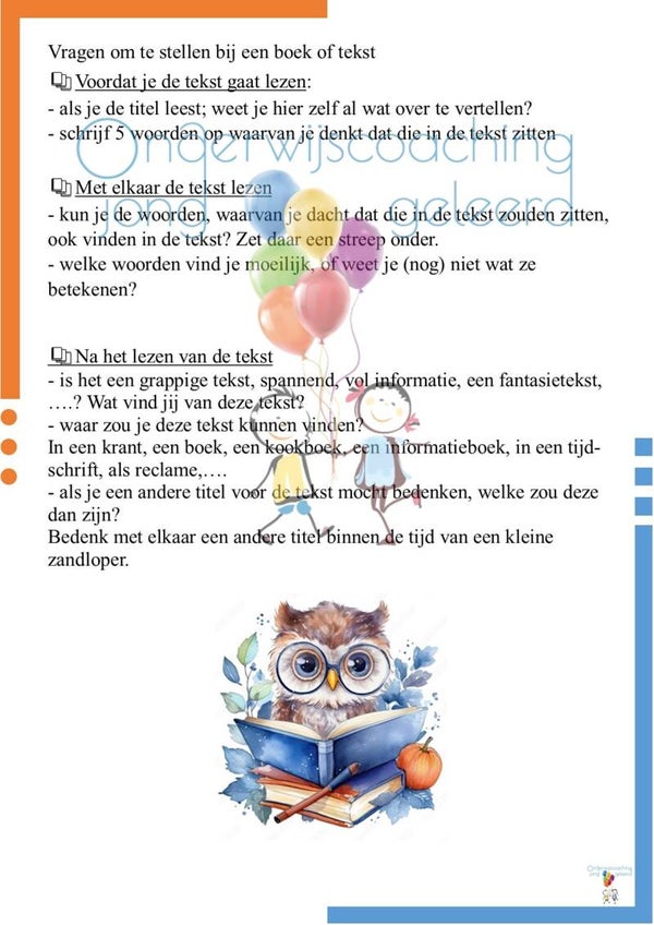 Leesopdrachtkaart - vragen bij het boek of de tekst
