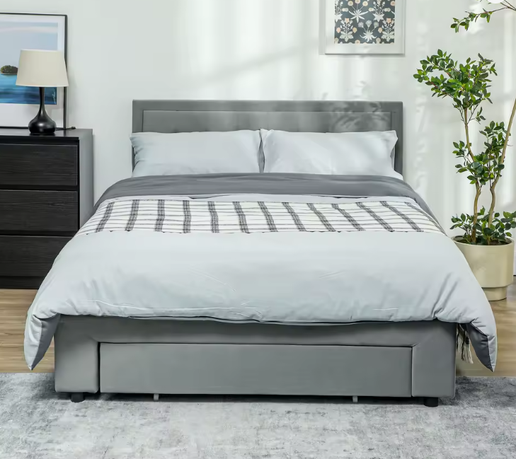 HOMCOM Double Bed Frame with Storage and Adjustable Velvet Headboard