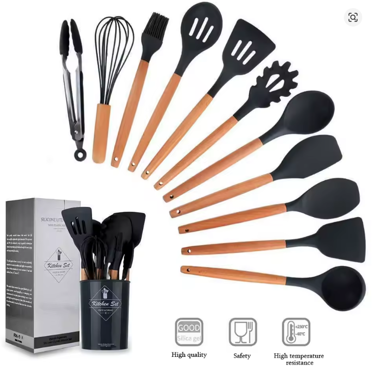 12PCS Silicone Kitchenware Non-Stick Cookware Kitchen Utensils Set Spatula Shovel Egg Beaters Wooden Handle Cooking Tool Set