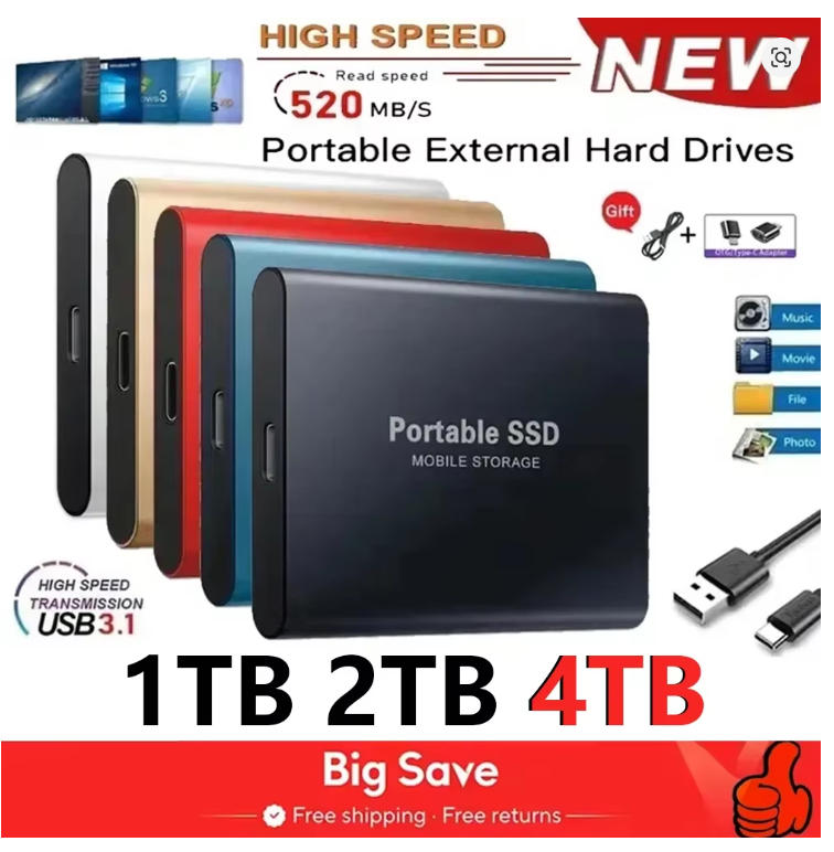 Original Portable SSD 16TB External Hard Drive USB 3.2 Type-C High Speed Solid State Disk 4TB Mass Storage for Phone/Laptop/Mac