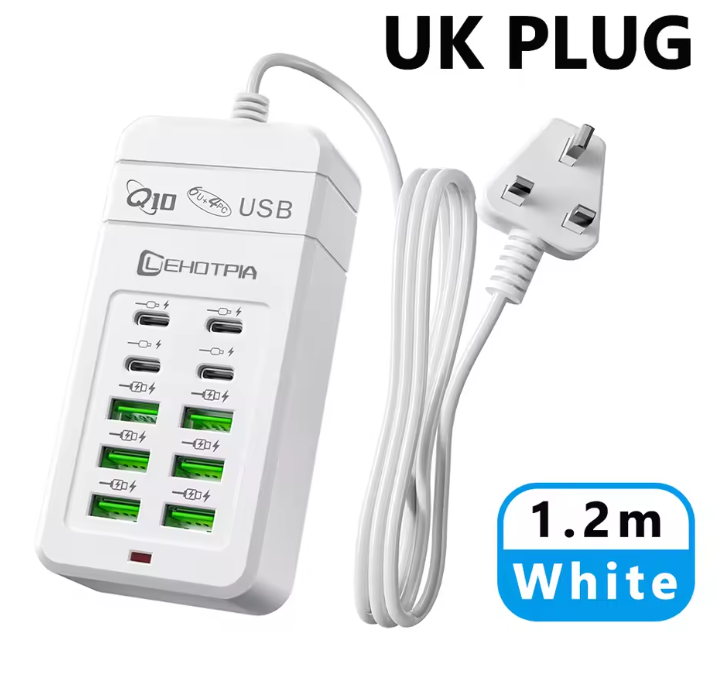UK Plug Multi-Port Fast USB Charger With 1.2m Cable - 6 USB-A & 4 USB-C Ports Portable Power Adapter for Phones USB Device