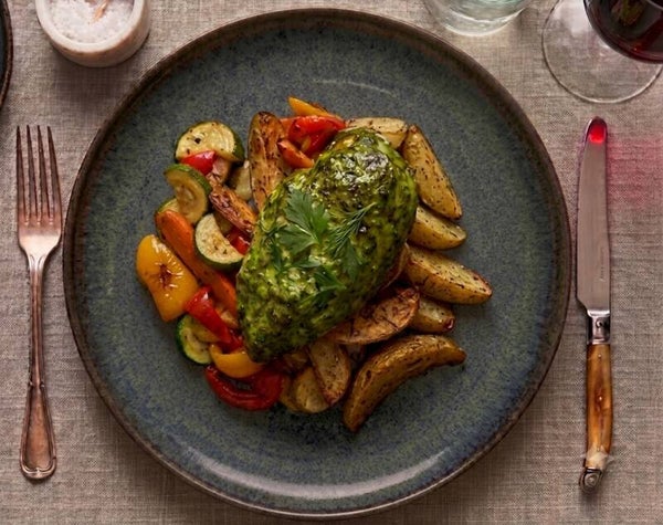 Green goddess grilled chicken with roasted vegetables