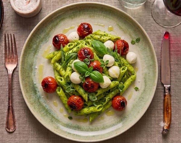 Penne pesto with bocconcini and roasted cherry tomatoes