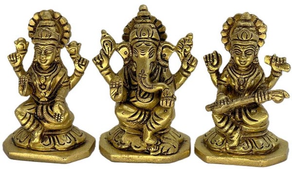 Lakshmi Ganesha Saraswati Statue; Brass Small Laxmi Ganesh Sarasvati Idol Gifts Weight: Sarasvathi: 0.275 kg, Ganesh: 0.335 kg, L 0.266 kg Length: 2.0 in each  Width: 1.5 in each  Height: 3.2 in each