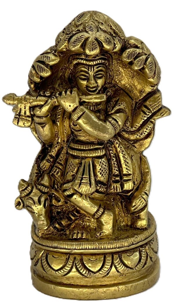 Brass Cow Krishna Statue, Bronze Finish Brass Lord Krishna Idol with cow, Krishn Bhagwan, Bal krishna Statue Standing under tree Weight: 0.37 kg; Length: 1.7 in; Width: 1.2 in; Height: 3.5 in