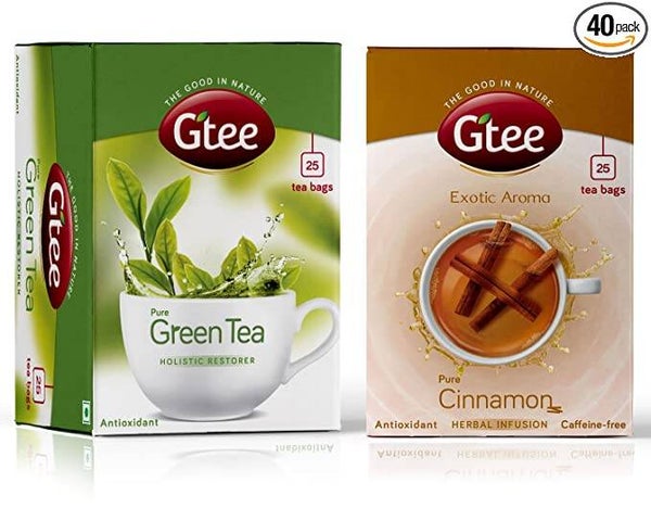 GTEE Green Tea Bags - Regular & Cinnamon Tea Bags, 25 Tea Bags (Pack of 2)