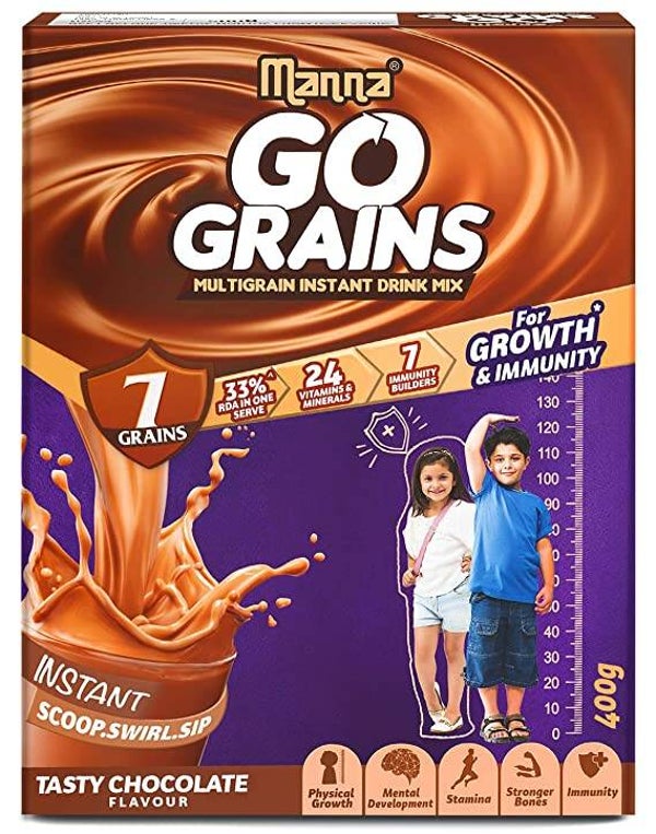 Manna Go Grains Chocolate 400g Instant Millet Health & Nutrition Drink for Kids 7 Grains, 24 Nutrients for Growth, 7 Immunity Builders
