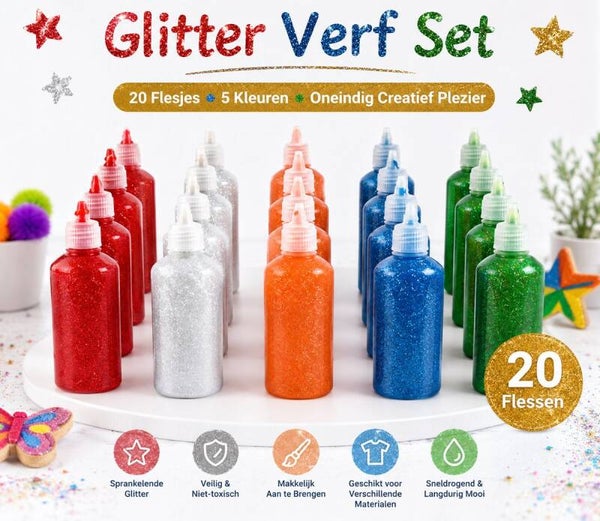 Glitterverf voor Kinderen 20x – 5 Kleuren