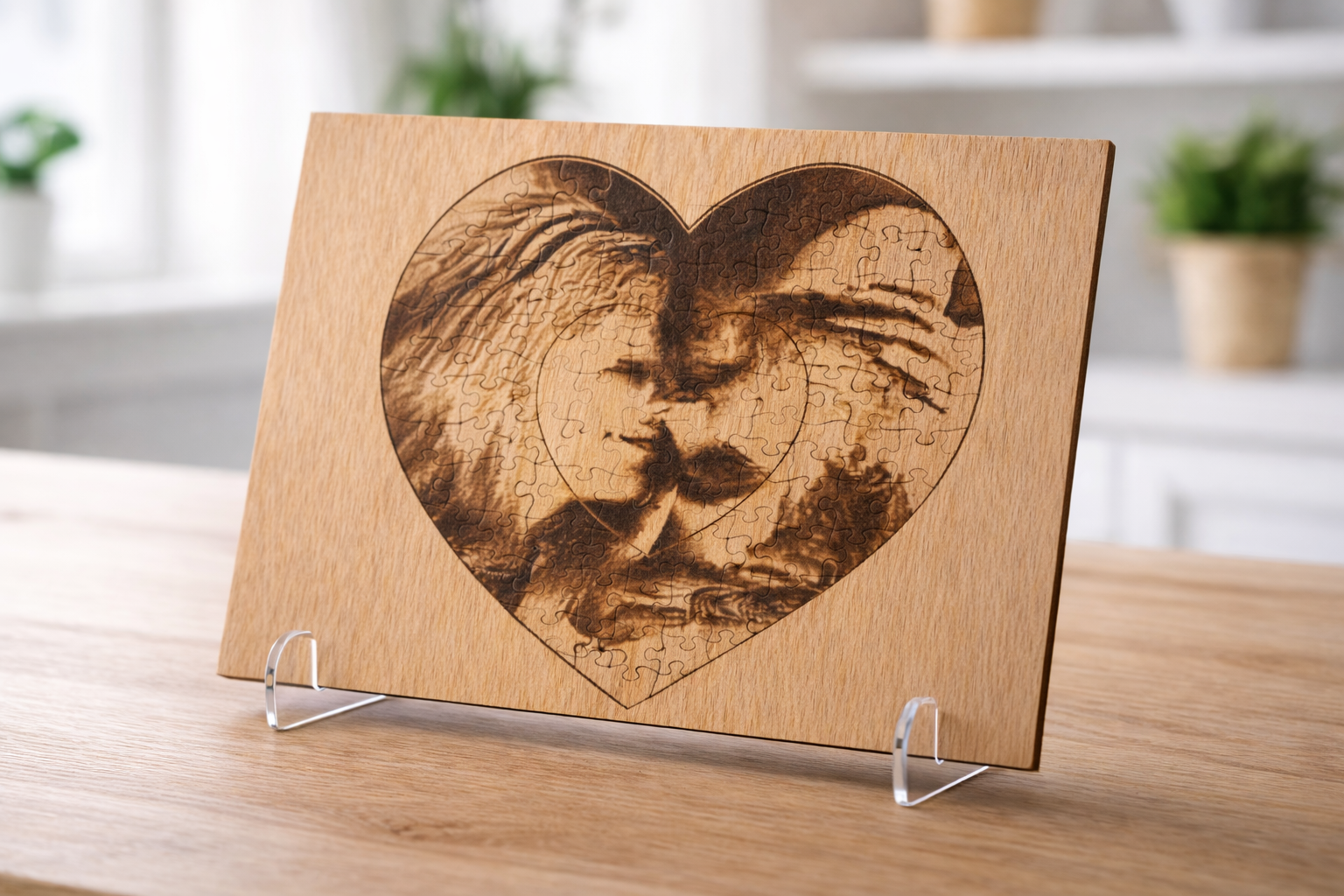 Houten hart puzzel met foto gravure – | Gepersonaliseerd cadeau met plexiglas