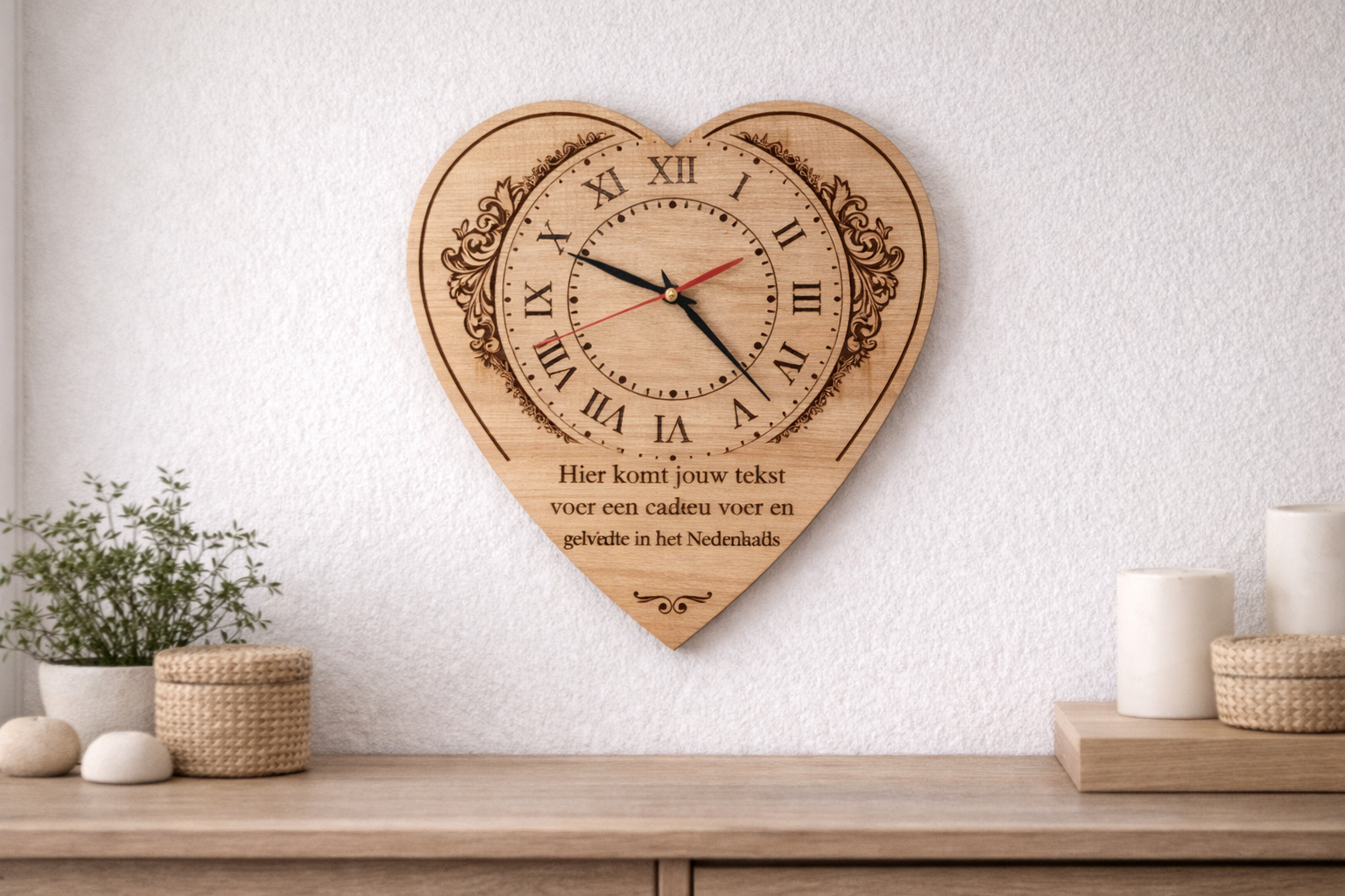 Houten hartklok met lasergravure (gepersonaliseerd)