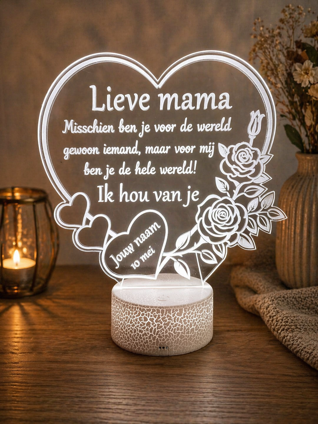 LED lamp moederdag met naam – gepersonaliseerd hart ontwerp 230x250 mm