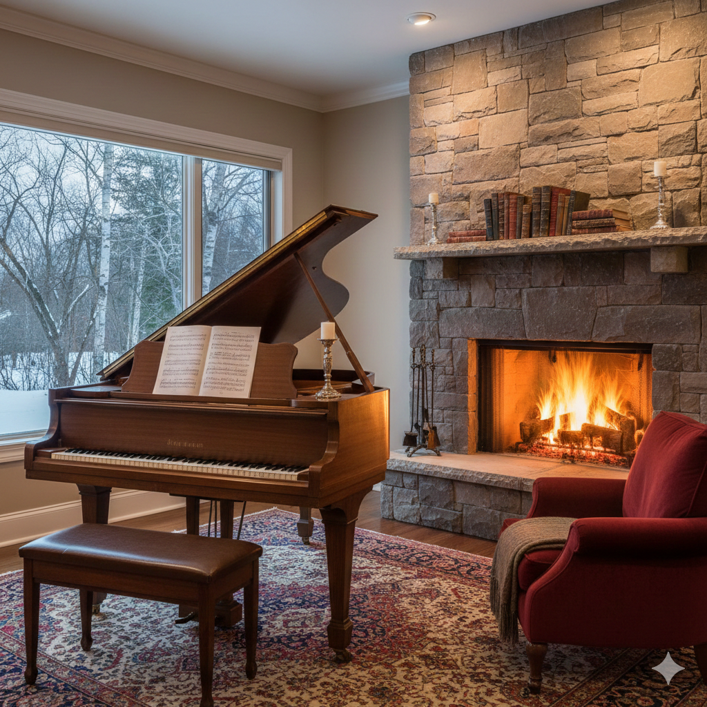 Flygel vid öppen spis - blogg pianostämmare Mårten Winnberg