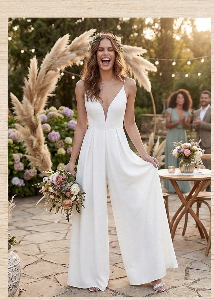 Arielle bruids jumpsuit – luchtige trouwlook – wijde broek en diepe V – diverse maten