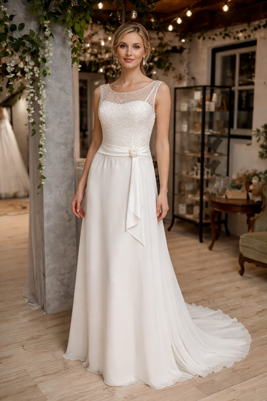 Cassy – elegante chiffon trouwjurk met kanten illusie lijfje  BE1