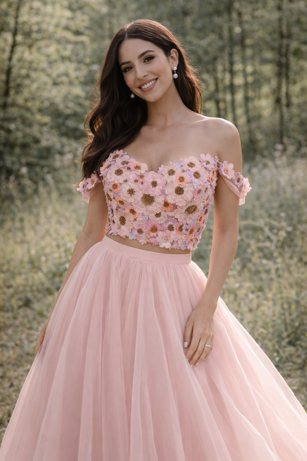 🌸 Bloemen top Nyla met zachte roze tule rok – unieke tweedelige bruidsjurk