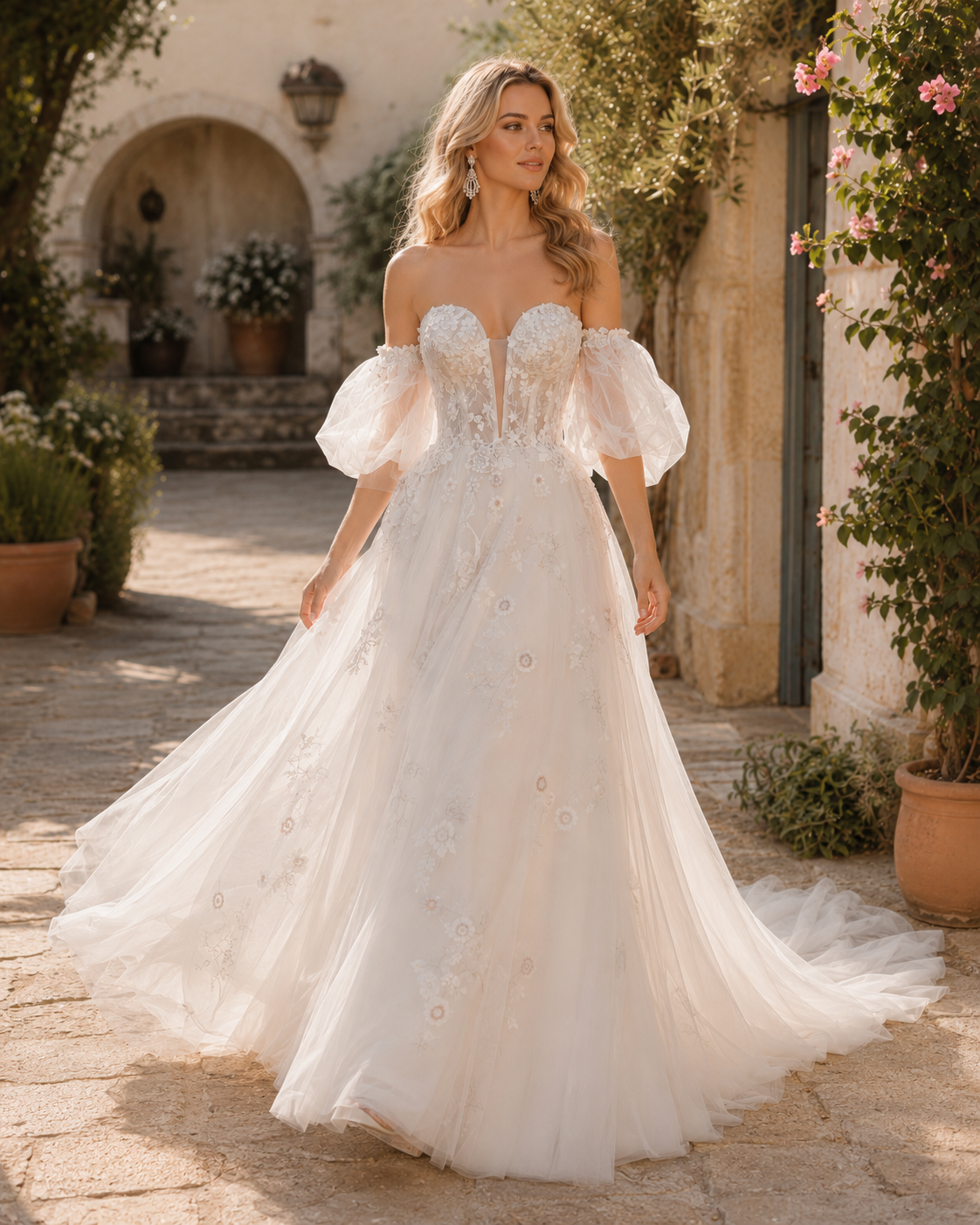 Nikita Special – Nieuwe romantische bloemen trouwjurk met pofmouwen code LY3493