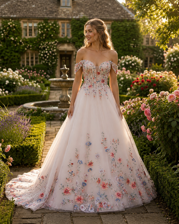 Blush roze trouwjurk met kleurrijke bloemen en off-shoulder mouwtjes NS52