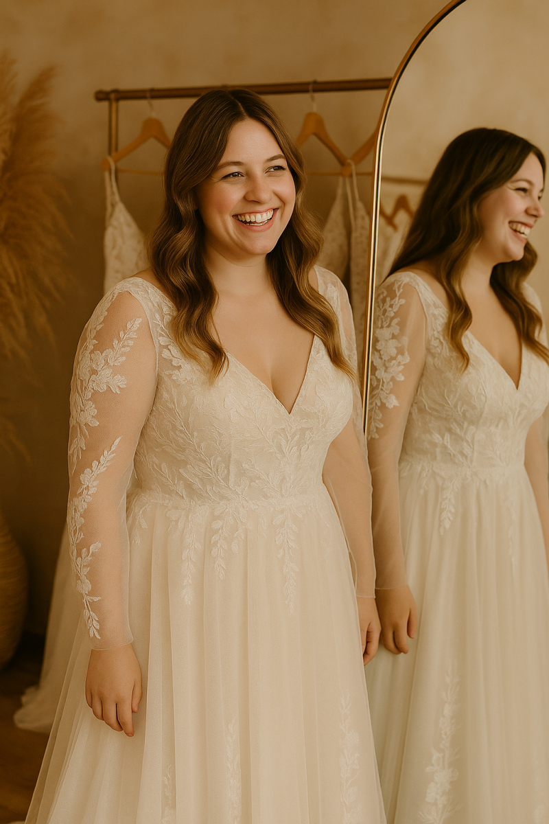 stralend in een goedkope plussize trouwjurk