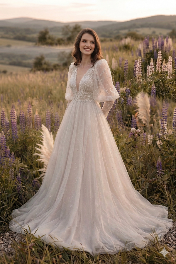 Boho A-lijn Trouwjurk met Transparante Pofmouwen en Glittertule – LY3271