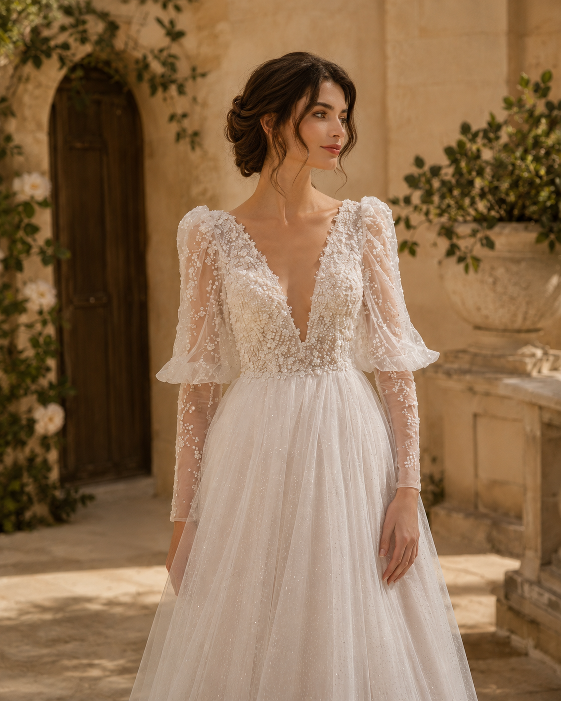 Boho A-lijn Trouwjurk met Transparante Pofmouwen en Glittertule – LY3271