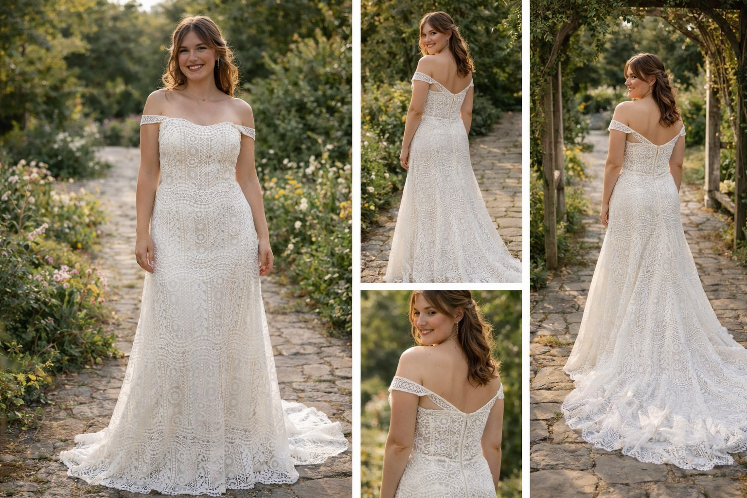 Bohemian kanten trouwjurk met off-shoulder bandjes – maat 40  €1000 inclusief op maat maken IM 202502