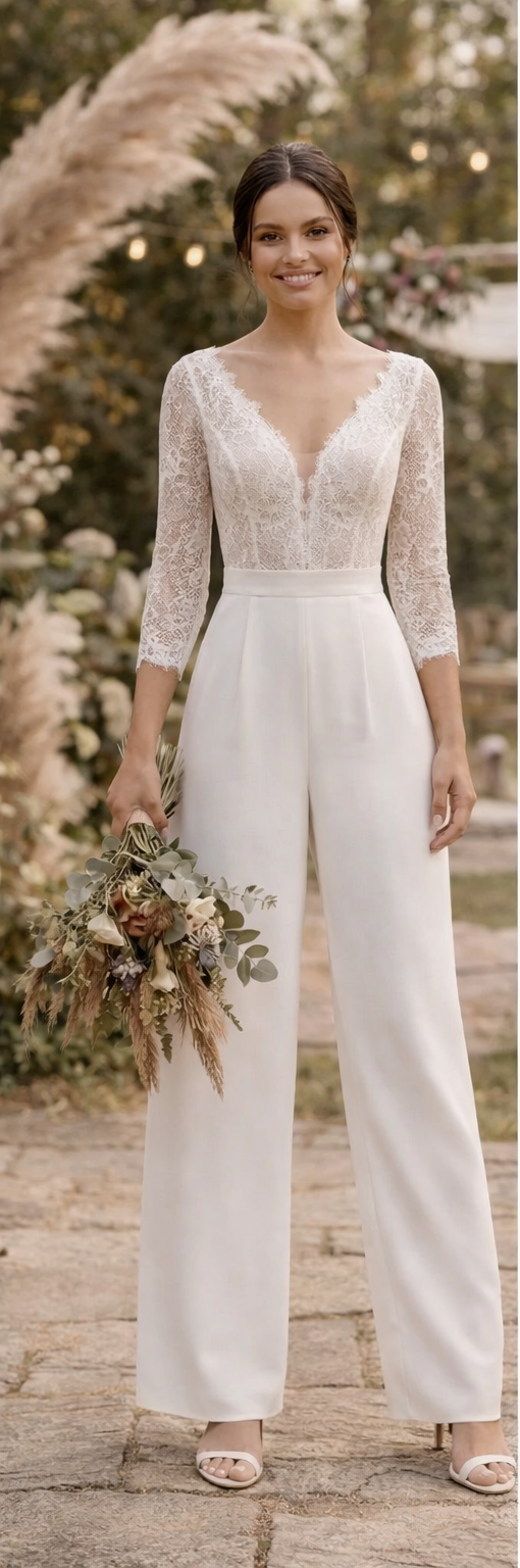 Amara bruids jumpsuit – kanten top met lange mouwen en wijde broek – elegante trouwlook – diverse maten