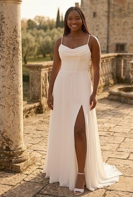 Plussize trouwjurk met split en lage rug – elegante bruidsjurk incl. op maat maken Anne