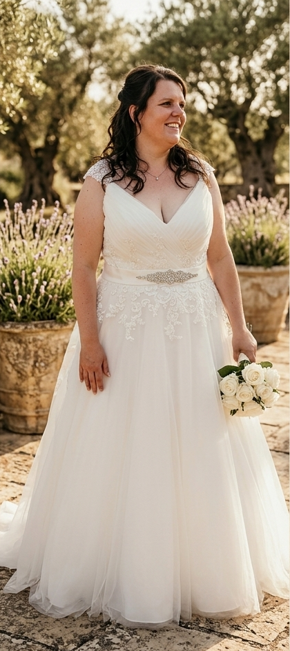 Nieuwe plussize A-lijn trouwjurk maat 44-46 – inclusief hoepel en ceintuur Code 202625