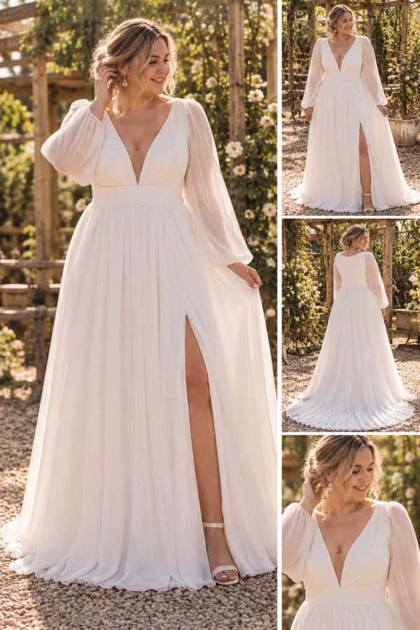 🌿 ÉLOÏSE – Romantische Plussize  trouwjurk met lange mouwen