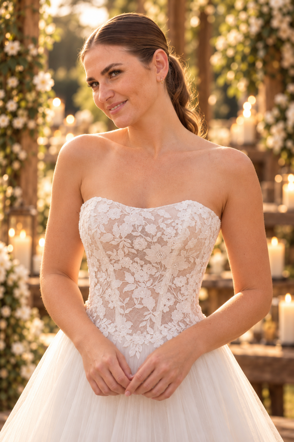 FLORENNE – Romantische strapless A-lijn trouwjurk met bloemenkant en tule
