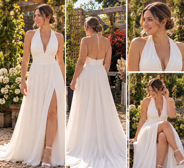 VALÉRIENNE – Elegante halter trouwjurk met split en open rug