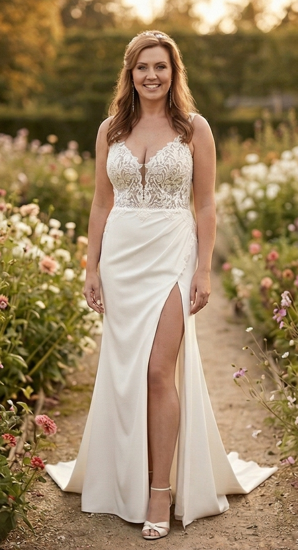 Justin Alexander trouwjurk – maat 38/40 – kanten top & crêpe rok met split code 202645