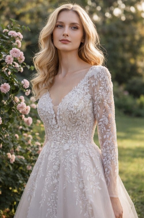 Klassieke V-Hals Trouwjurk met Afneembare mouwen LY3280