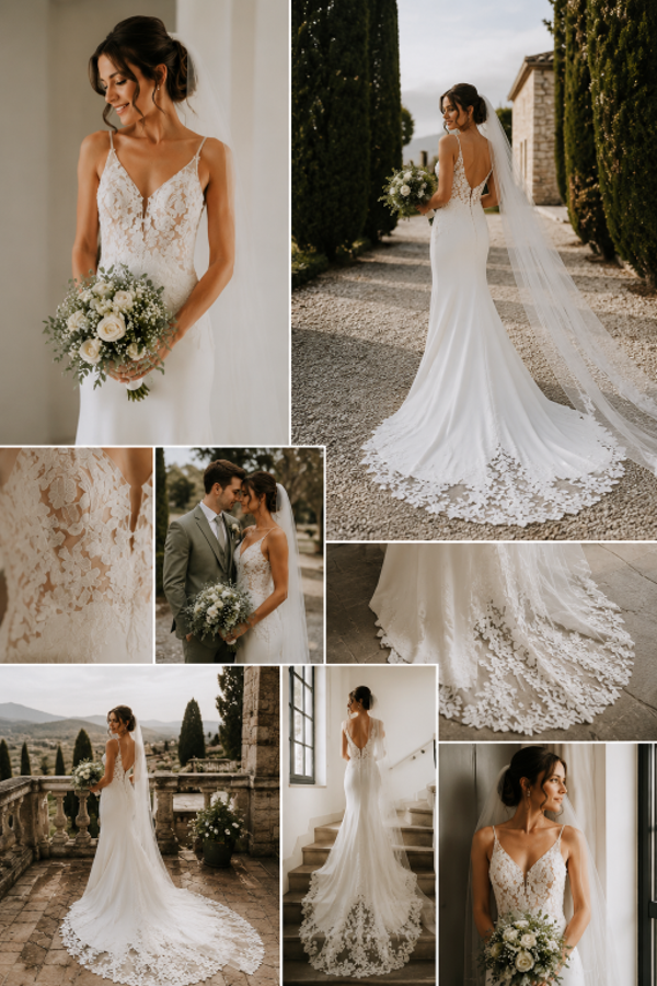 Nieuwe Luna Novias trouwjurk – maat 34-36 – moderne elegantie met romantische kanten sleep ✨ Code 202670
