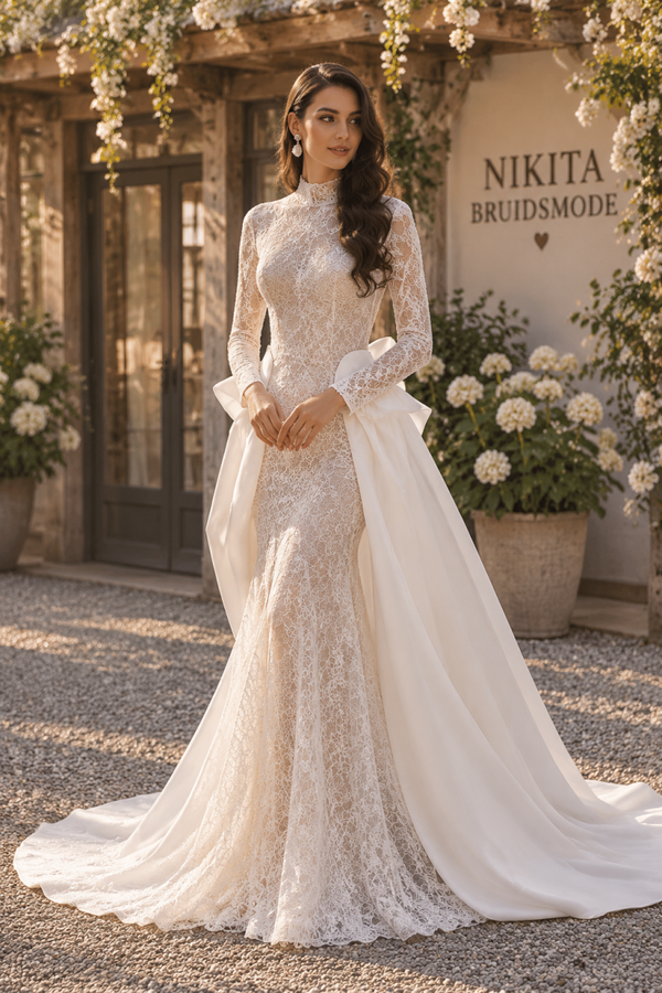 Nikita Special NS51 – Elegante kanten trouwjurk met afneembare sleep
